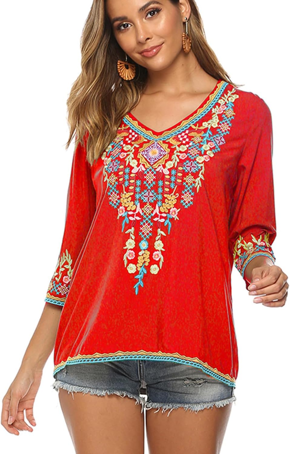 drakloak Bluse Stickerei Damen Boho Bestickte Oberteile Tunika Folklore Hippie Blusen Blumenmuster O