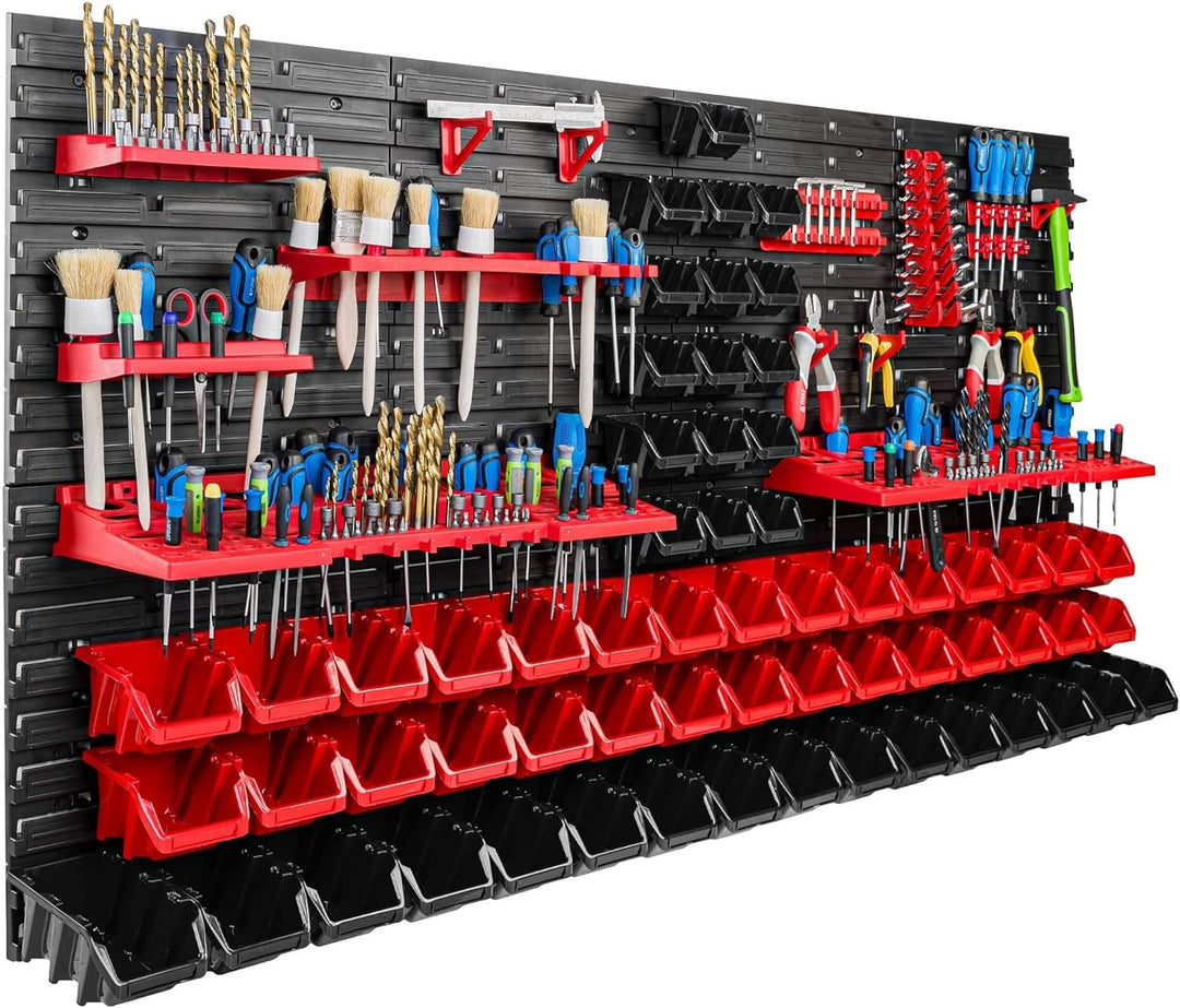 Lagersystem Werkstattregal | 156 x 78 cm | 62 stck. Box | Wandregal mit Werkzeughalterungen und Stap