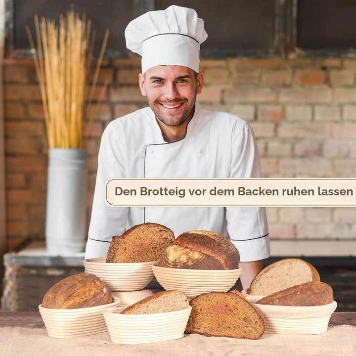 Brotbackset mit 2 Gärkörben (24 cm Rund &amp; 25 cm Oval), inkl. Sauerteig-Glas, Brotschneider, Teigscha