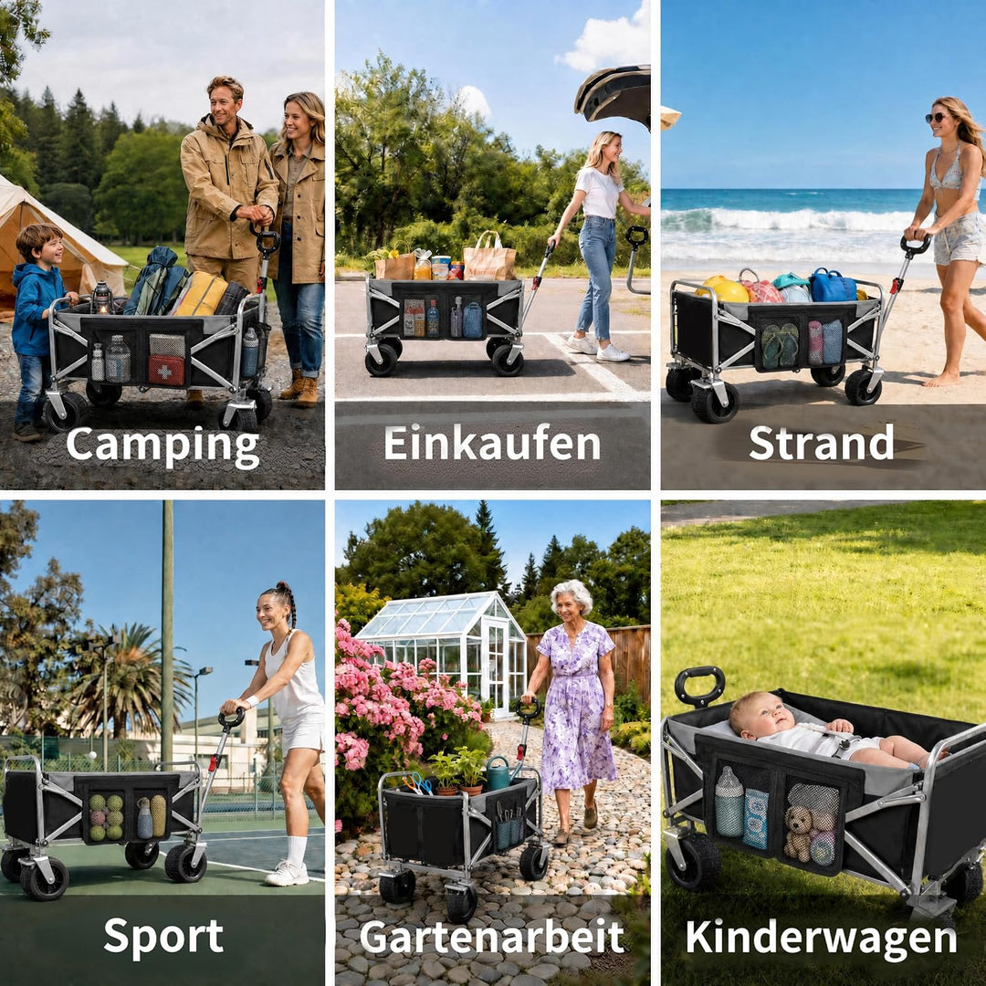 Bollerwagen Faltbar – Tragkraft 272 kg, mit Bremsen, Getränkehalter, Verstellbarem Griff, All Terrai