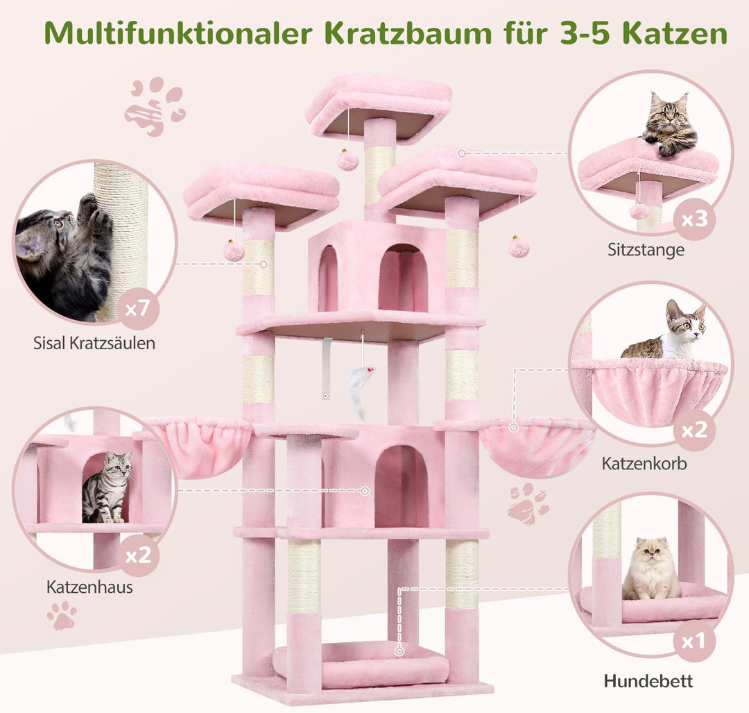 Globlazer Kratzbaum Rosa Stabil 174 cm mit 3 Gepolsterte Sitzstangen, 2 Katzenhaus, 2 Korb, Abnehmba