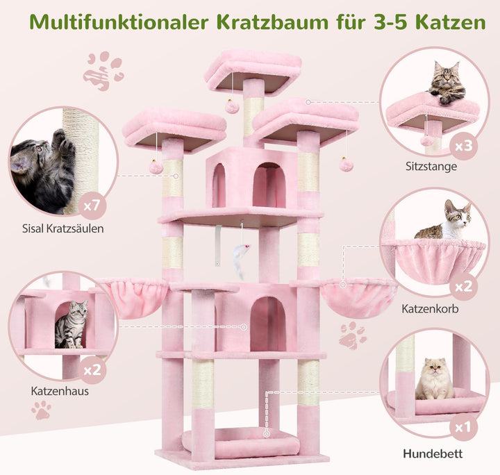 Globlazer Kratzbaum Rosa Stabil 174 cm mit 3 Gepolsterte Sitzstangen, 2 Katzenhaus, 2 Korb, Abnehmba