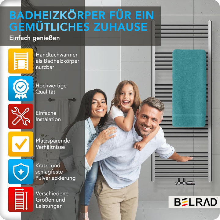 Belvit Handtuchheizkörper, 1600x600 mm, 557 Watt, Mittelanschluss, Nabenabstand 50 mm, Qualitätsstah