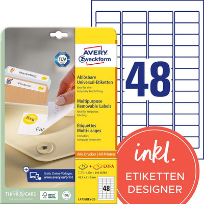AVERY Zweckform L4736REV-25 Universal Etiketten (1.200 plus 240 Klebeetiketten extra, 45,7x21,2mm au