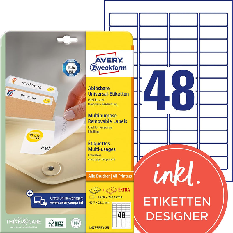 AVERY Zweckform L4736REV-25 Universal Etiketten (1.200 plus 240 Klebeetiketten extra, 45,7x21,2mm au