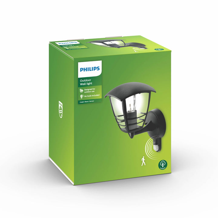 Philips myGarden Creek Aussenwandleuchte mit Bewegungsmelder, LED E27 Lampe, 60W, Schwarz, 28.5 cm S