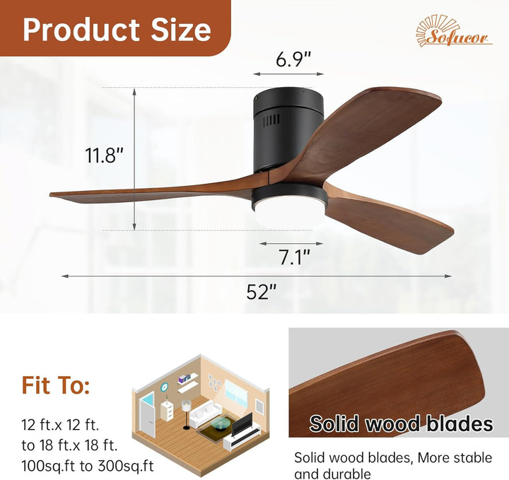 Sofucor Deckenventilator mit Beleuchtung, Deckenventilatorleuchte mit Licht, Fernbedienung, 3 Holzlü