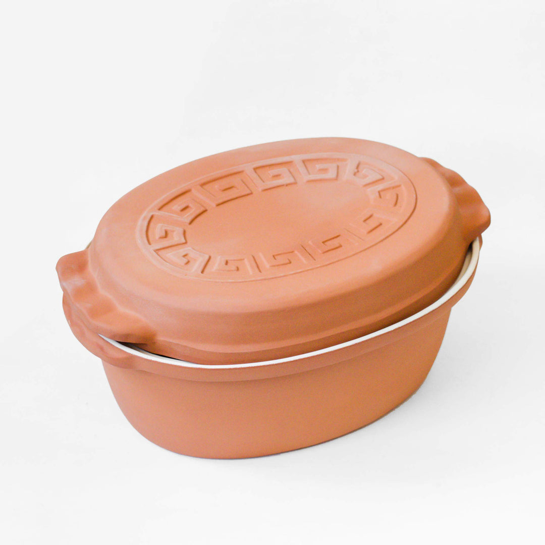 TerraStone Römertopf oval mit Deckel, Tonbräter 33x23cm, Terrakotta Bräter 33 cm, Bräter 33 cm