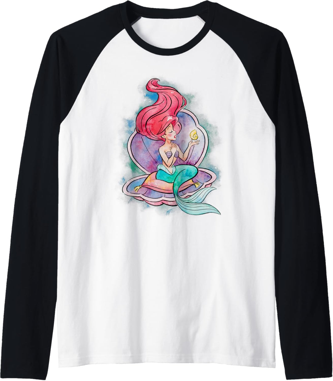 Disney Little Mermaid Ariel Clam Shell Watercolor Portrait Raglan