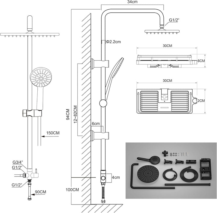 Florenta Regendusche Duschsystem ohne Armatur, Duschset mit Edelstahl Duschstange Duschsäule mit Abl