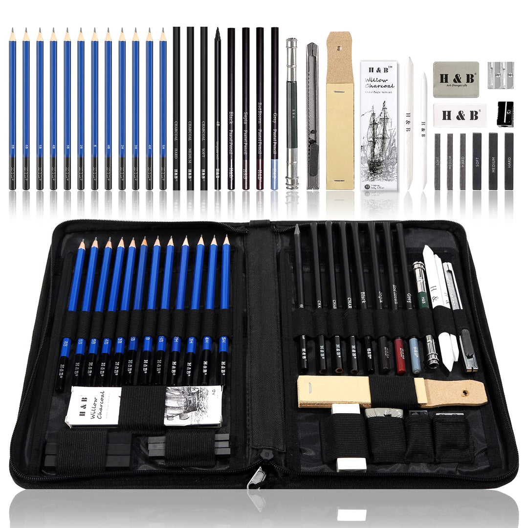 H & B 40 Stück Bleistifte Skizzierstifte Set Skizzieren und Zeichnen Professionelle Art Set mit Grap