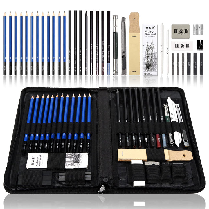 H & B 40 Stück Bleistifte Skizzierstifte Set Skizzieren und Zeichnen Professionelle Art Set mit Grap