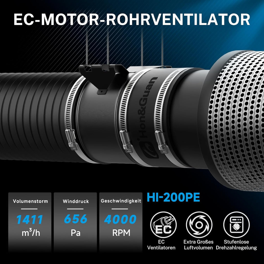 Hon&Guan 200mm EC Rohrventilator mit Drehzahlregler, 1411m³/h Rohrlüfter mit Regler EU-Stecker für G