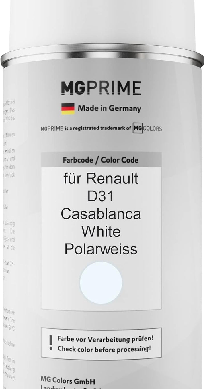 MG PRIME Autolack Sprühdosen Set für Renault D31 Casablanca White/Polarweiss Basislack Klarlack Spra