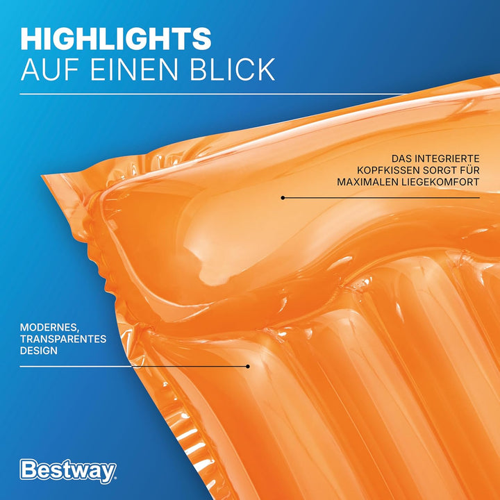 Bestway Luftmatratze Transparent, 183 x 76 cm, 1 Person, PVC, 2 Luftkammern, Integriertes Kopfkissen