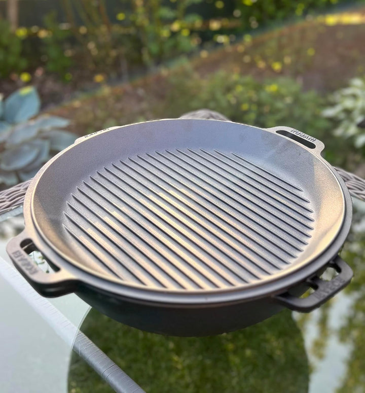 ROBARI Gusseisen Kasan 12 L mit GRILLDECKEL + Schaumlöffel KAZAN Wok Gulaschkessel