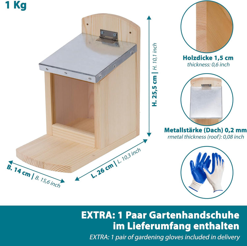 valuents Eichhörnchen Futterhaus mit Klappe – Futterstation – wetterfest aus Kiefernholz mit Zinkdac