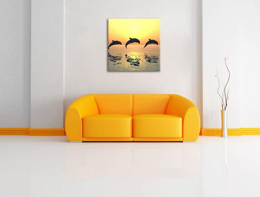 Delfine im Sonnenuntergang, Format: 70x70 auf Leinwand, XXL riesige Bilder fertig gerahmt mit Keilra