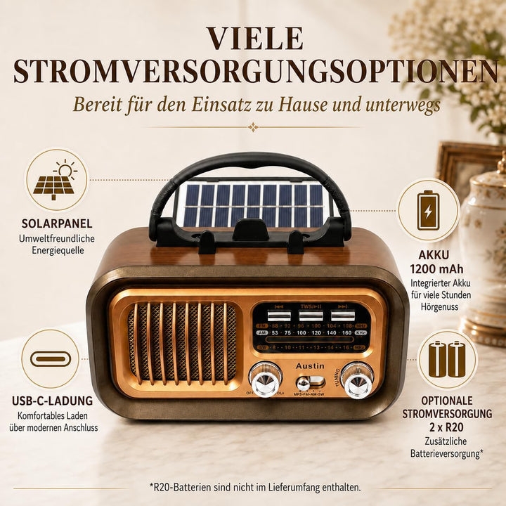 Retropolis Austin Retro Radio – Vintage Design mit Solar, USB, microSD, Bluetooth 5.0, 1200mAh Akku,