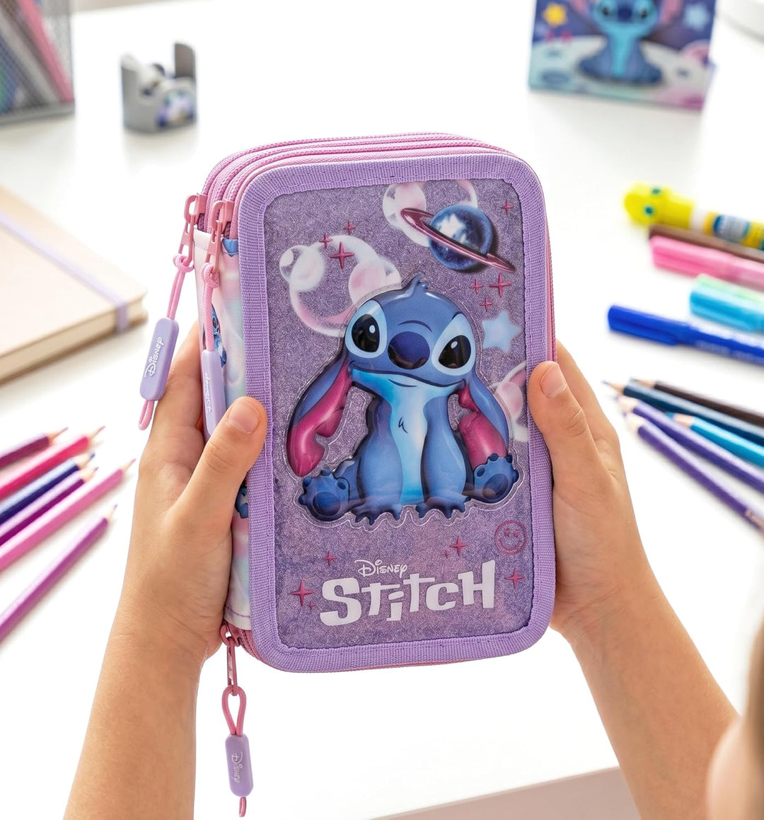 3-Fach Federmäppchen Mädchen Gefüllt für Stitch Fan – Schulmäppchen Set 46 Teile mit Radierbaren Sti