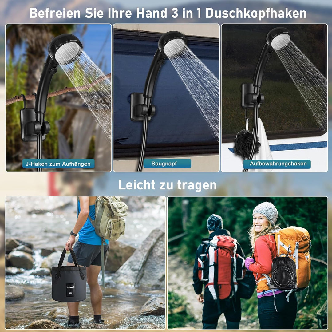 Spopal Campingdusche Tragbare, Campingdusche mit 20L Klappbarer Eimer, 6000mAh Camping Dusche Akku,