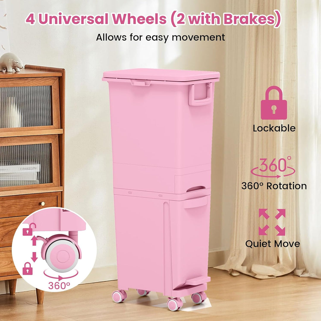 COSTWAY Mülleimer 3 Fächer, 32L Abfalleimer mit neigbarem Behälter, Schublade & Aufkleber, Tretmülle