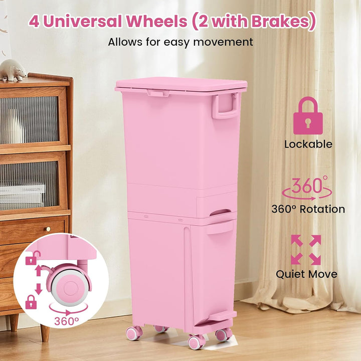 COSTWAY Mülleimer 3 Fächer, 32L Abfalleimer mit neigbarem Behälter, Schublade & Aufkleber, Tretmülle