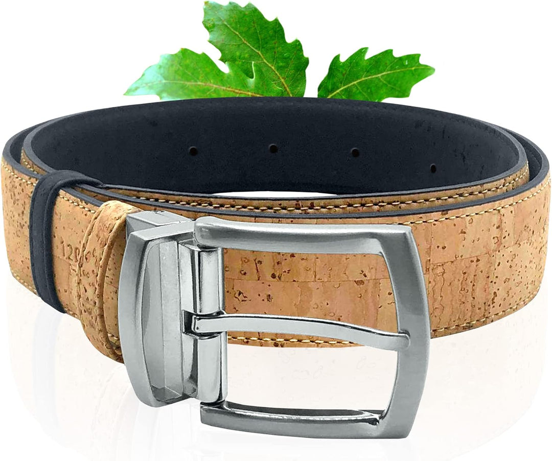 Kork-Gürtel | Wendegürtel aus Kork | Zweifarbig in BEIGE und BLAU | Moderner Naturgürtel mit silbern