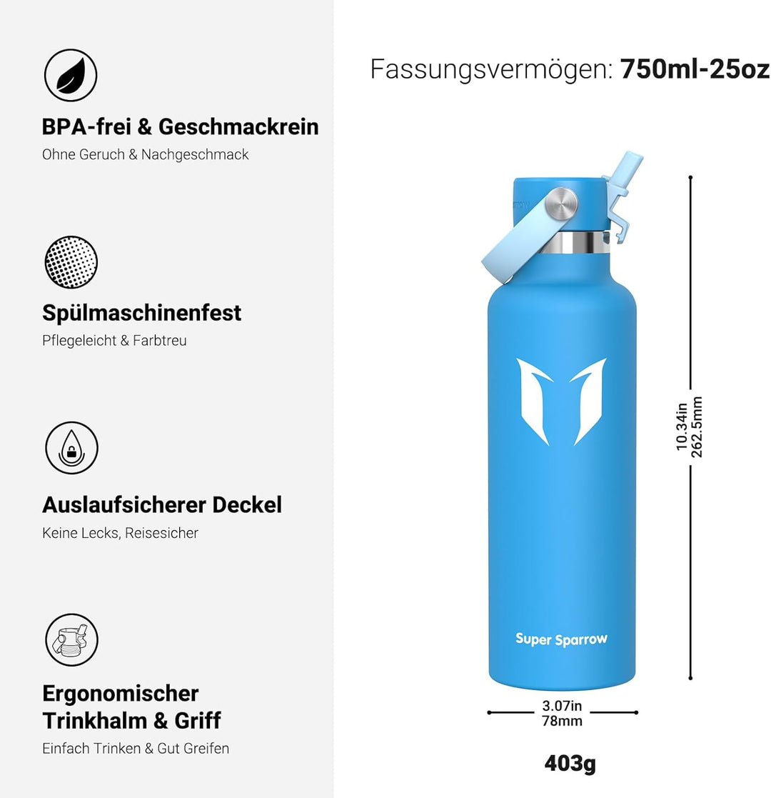 Super Sparrow Trinkflasche Edelstahl - Thermobecher - 350ml, 500ml, 750ml, 1L - FlipFlow Trinkflasch