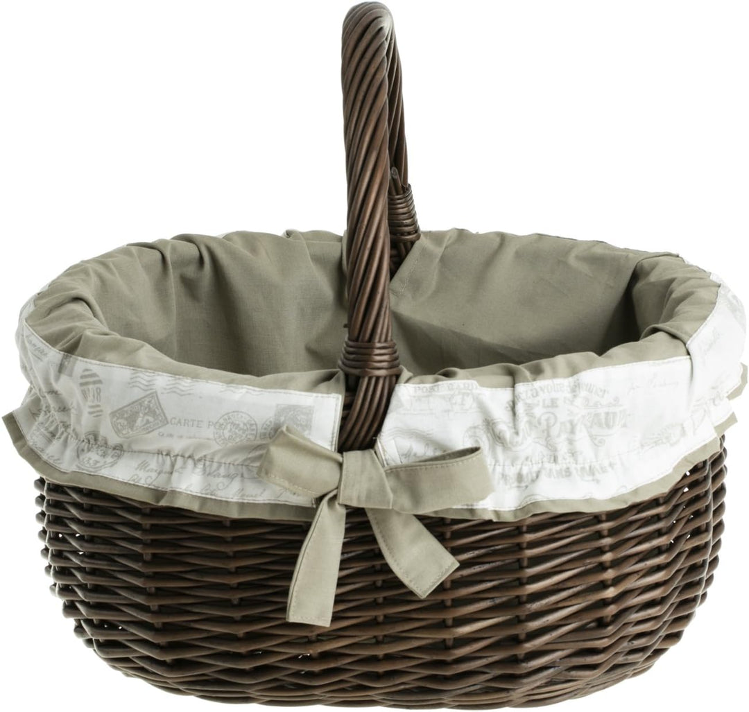 Einkaufskorb aus Weide, Weidenkorb in weiβ, oval, Bügelkorb mit Garnierung, Geschenkkorb (Dunkelbrau