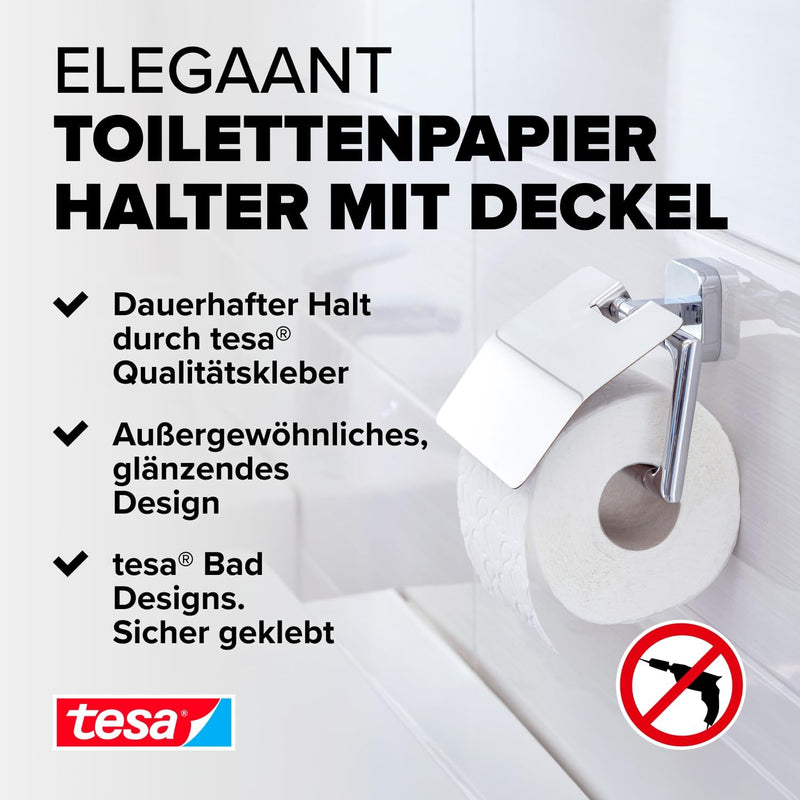 tesa ELEGAANT Toilettenpapierhalter mit Deckel, verchromt - zur Wandbefestigung ohne Bohren, inkl. K