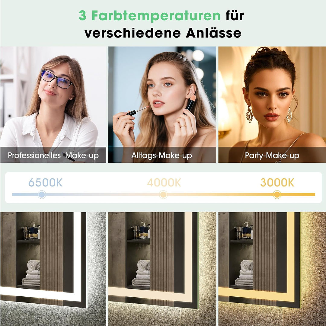 S'bagno Bluetooth-Badspiegel-mit-Beleuchtung-80x60cm, LED-Badezimmerspiegel mit Entfoggen, 3000K-650