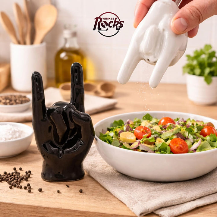 Winkee Rocks - Rock Hand Salt & Pepper Shaker aus Keramik I Die rockigen Gewürz Streuer in Metal Han