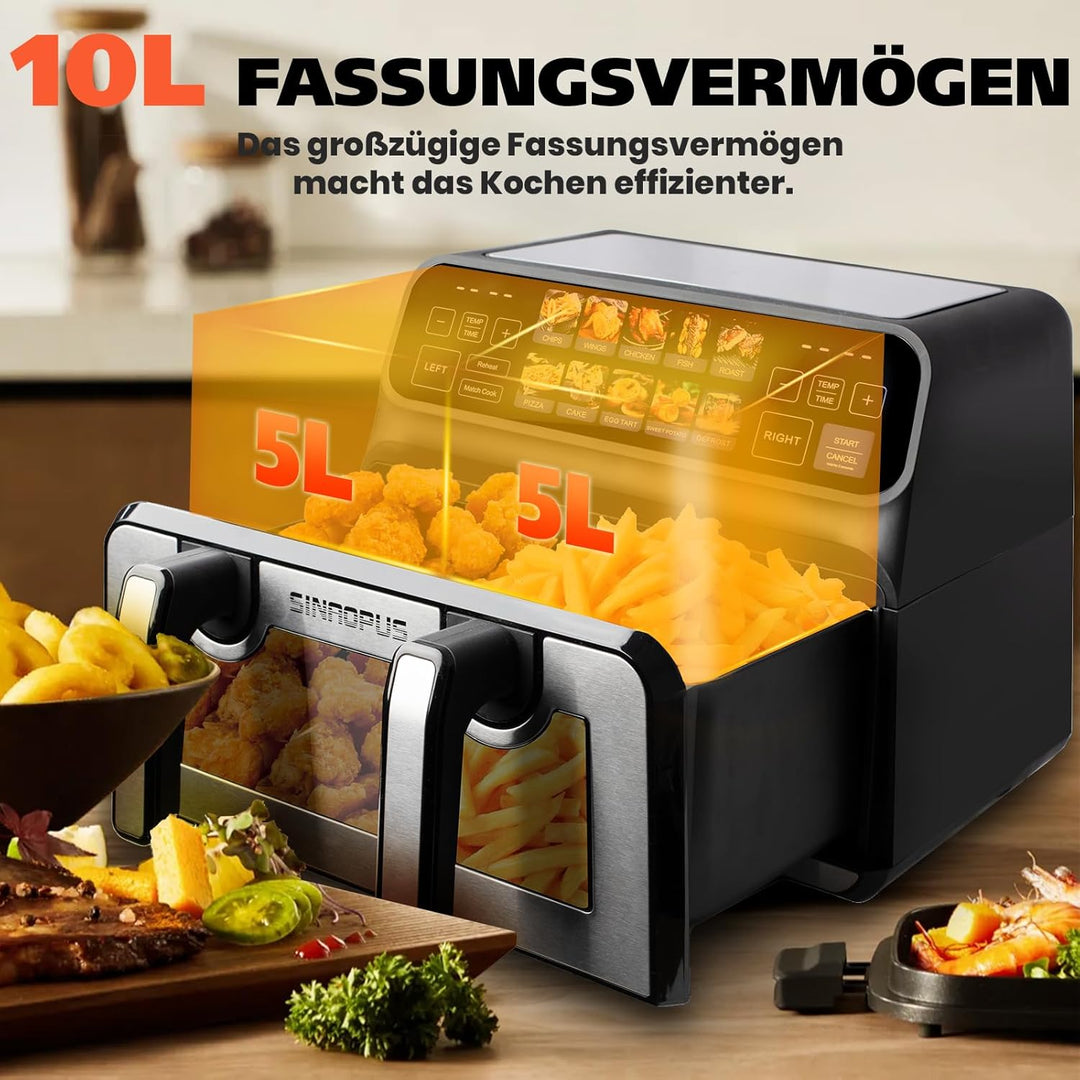Dual Zone 9L-802TS Heissluftfritteuse, XXL Doppelkammer 2200W Heissluftfritteuse mit Trennwand, LED