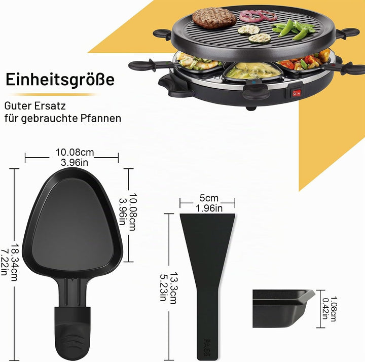 8er Set Raclette Pfännchen antihaftbeschichtet, Mini Grill Pfännchen Ersatz mit 8 Schaber und buntem