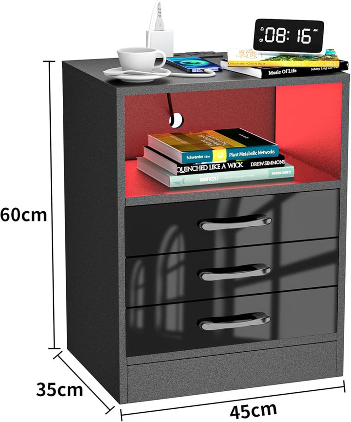 PIPIPOXER 2er Set Nachttisch mit Steckdose & USB, Nachttisch Schwarz Hochglanz, Nachttische mit 3 Sc