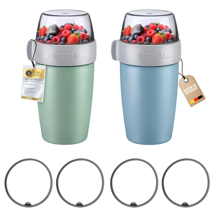 Westmark 2 Müslibecher/Lunchpots – 2 Müslibecher mit je 2 auslaufsicheren Fächern 200 ml + 500 ml, 4