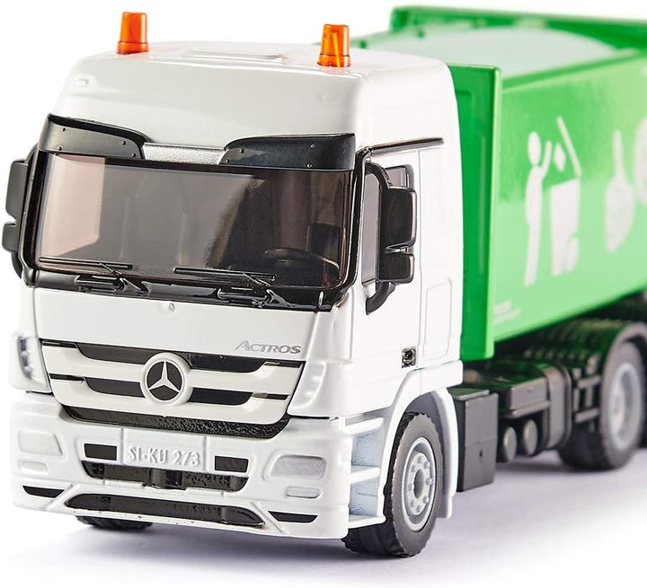 siku 2938, Müllwagen, 1:50, Metall/Kunststoff, Grün/Weiss, Öffenbarer Heckbereich, Inkl. Mülltonne,