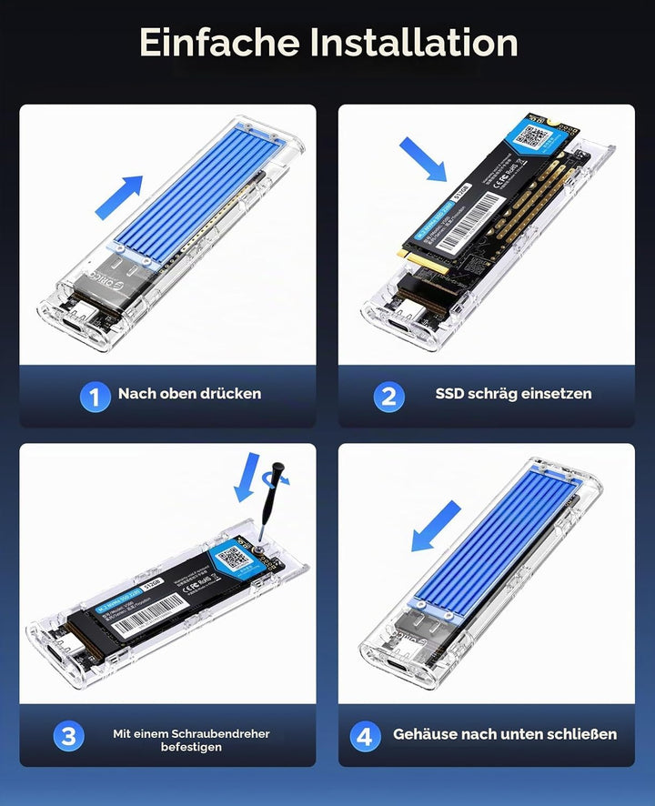 ORICO NVMe Gehäuse, USB 3.2 Gen2 (10Gbps) M.2 SSD Adapter, Transparent Externe M2 Gehäuse für PCIe M