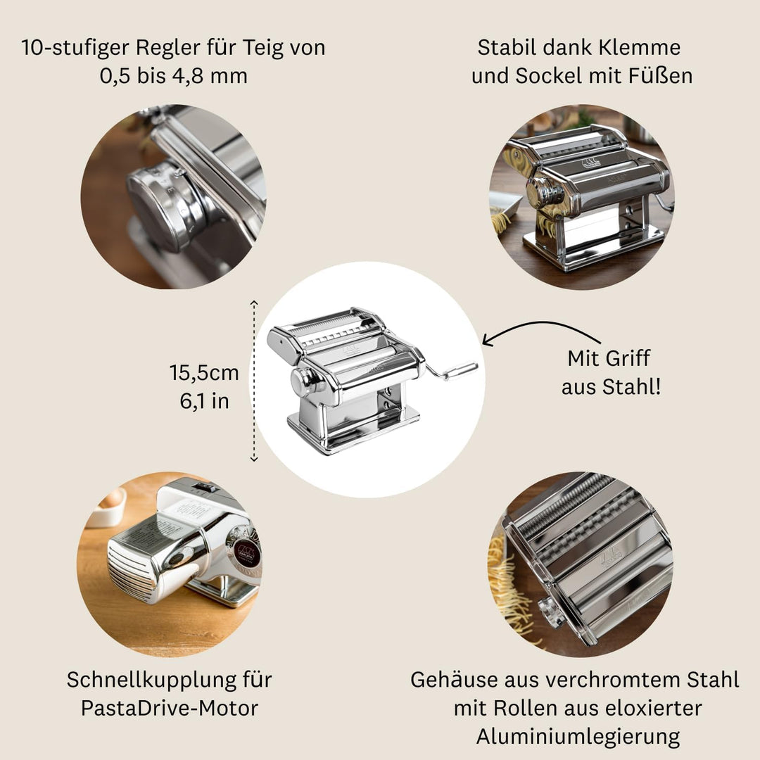 Marcato – Atlas+ Nudelmaschine für frische Pasta aus eloxiertem Aluminium mit 4 Formen | Lasagne, Fe