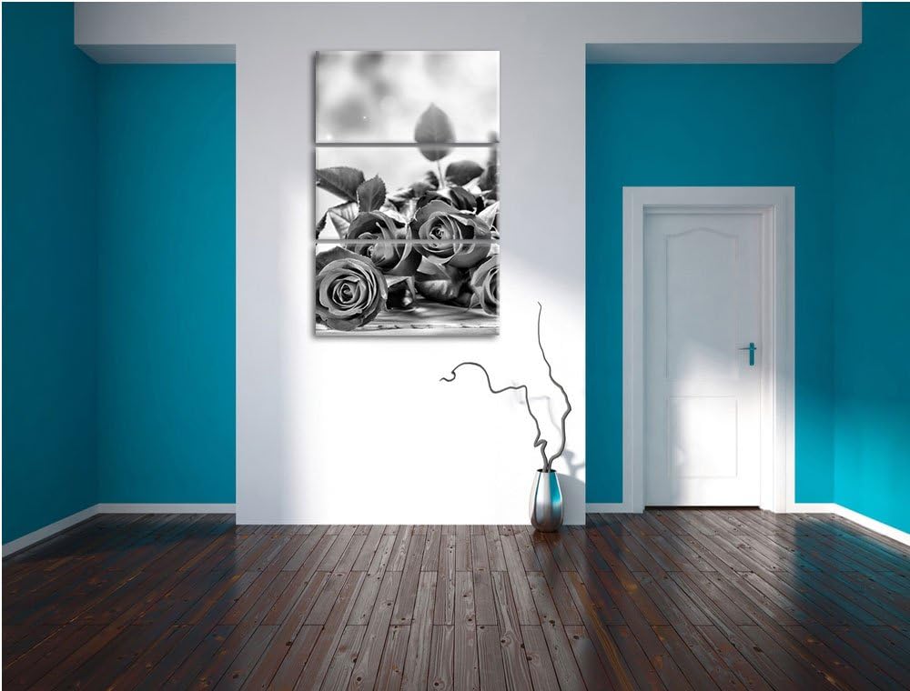 Pixxprint Rosenstrauss auf Holztisch als Leinwandbild/Grösse: 3 Teilig (120x80) / Wandbild/Kunstdruc
