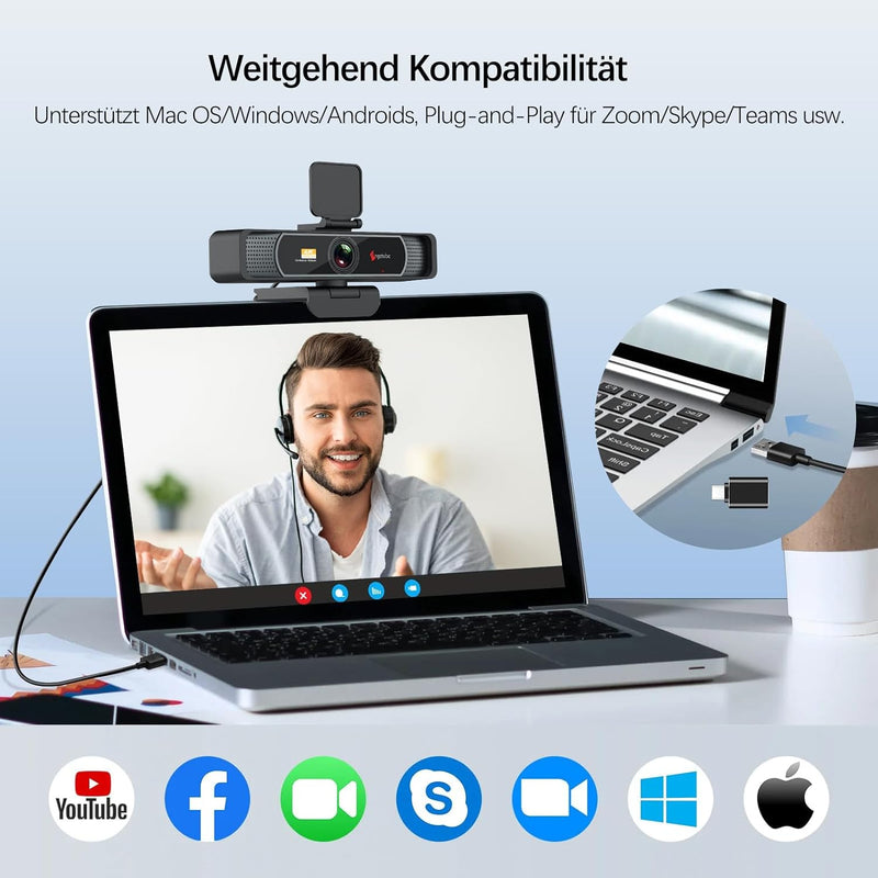 Angetube 4K Weitwinkel Webcam HD 8MP Sensor Webkamera mit Mikrofon USB-Kamera für PC-Mac-Konferenzen