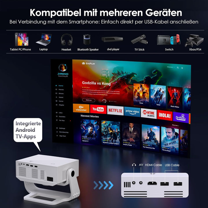 2025 Neuer Smart Beamer 4K Unterstützung, Android 11, Full HD 1080P, 25000 Lumens, WiFi 6 & BT 5.2,
