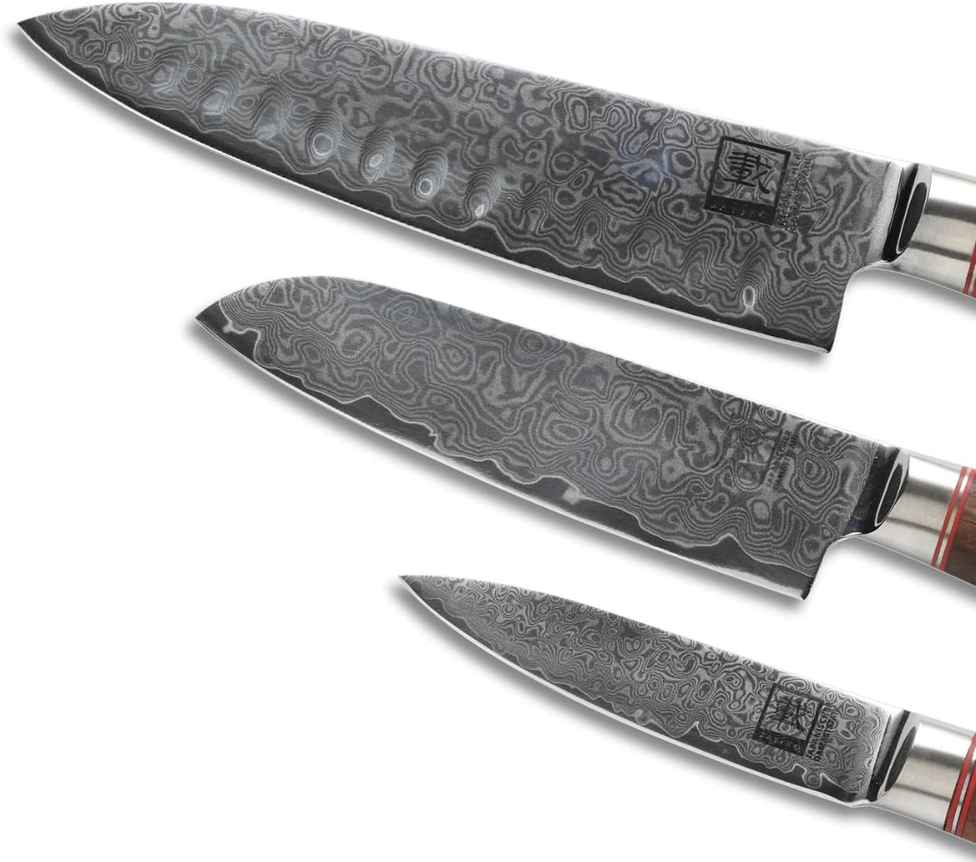 zayiko Kurumi 3er Damastmesser Set mit Klingen von 9,50 cm - 17,50 cm I aus 67 Lagen | Damast Küchen