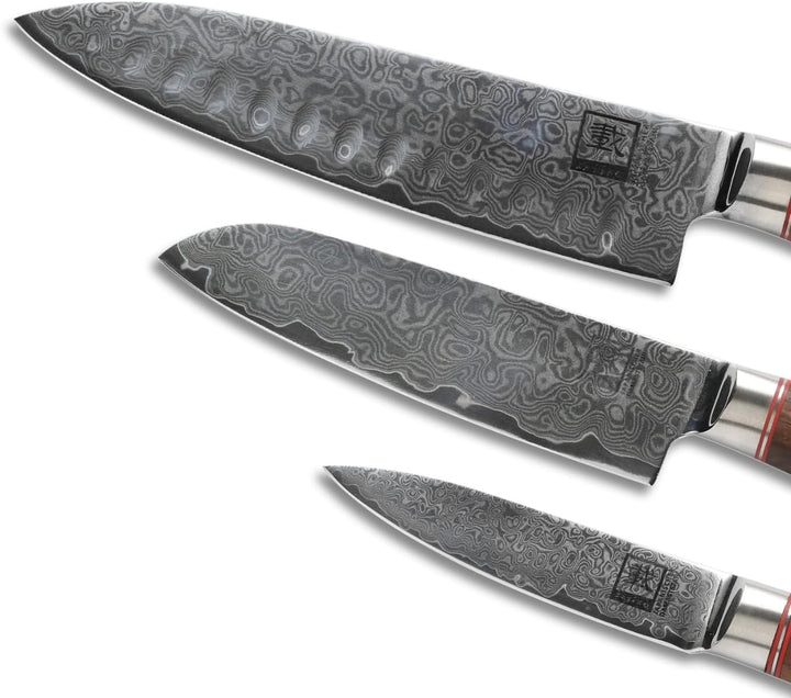zayiko Kurumi 3er Damastmesser Set mit Klingen von 9,50 cm - 17,50 cm I aus 67 Lagen | Damast Küchen