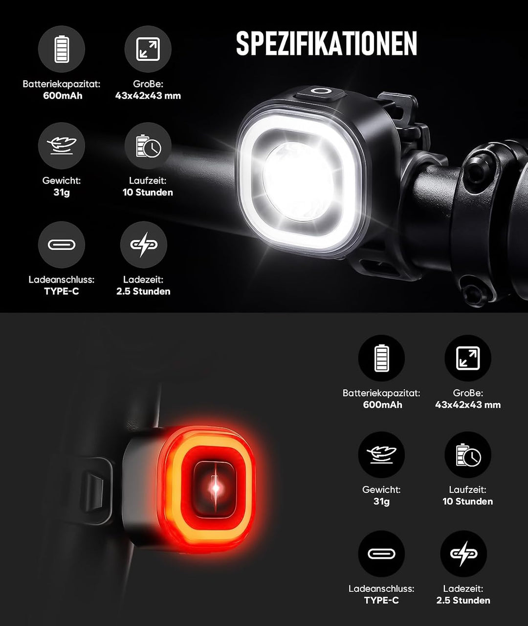 Fahrradlicht Set, LED Fahrradbeleuchtung Set mit Smart Bremslichtfunktion Rücklicht, StVZO-zugelasse