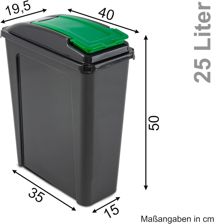 Mülltonne 25 Liter Schwarz-Grün, Mülleimer Küche, Mülltrennsystem, Abfalleimer Küche, Trash Bin, Mis