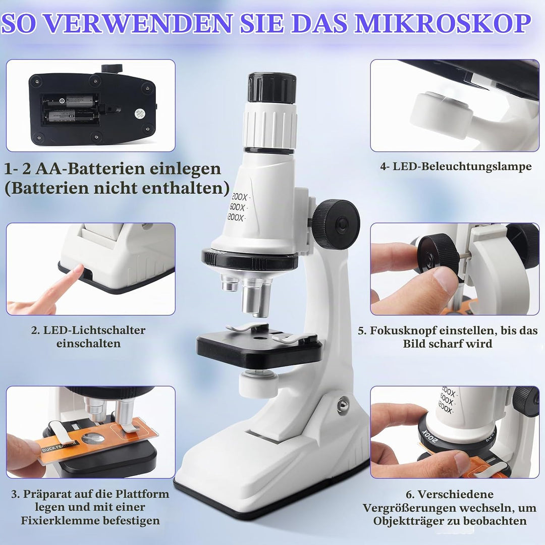 Mikroskop für Kinder, 200x-1200x Vergrösserung Experimentelles Pädagogisches Spielzeug Tragbares Mik