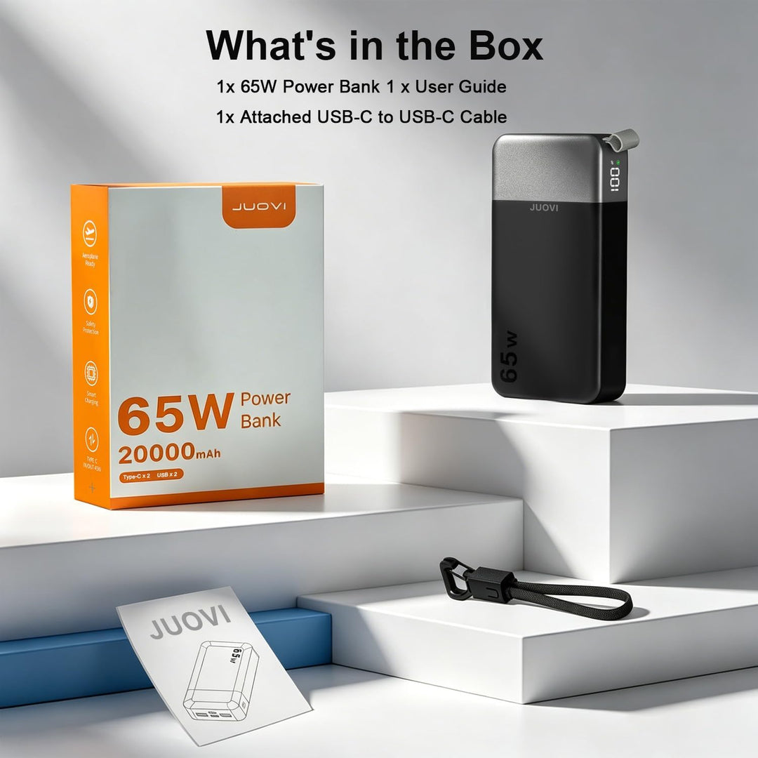 JUOVI Laptop Power Bank, 65W 20000mAh Schnellladung Powerbank | Angebrachtem USB C Kabel, Tragbarer