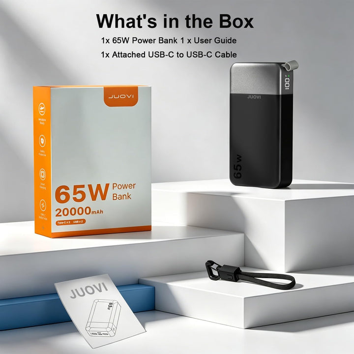 JUOVI Laptop Power Bank, 65W 20000mAh Schnellladung Powerbank | Angebrachtem USB C Kabel, Tragbarer